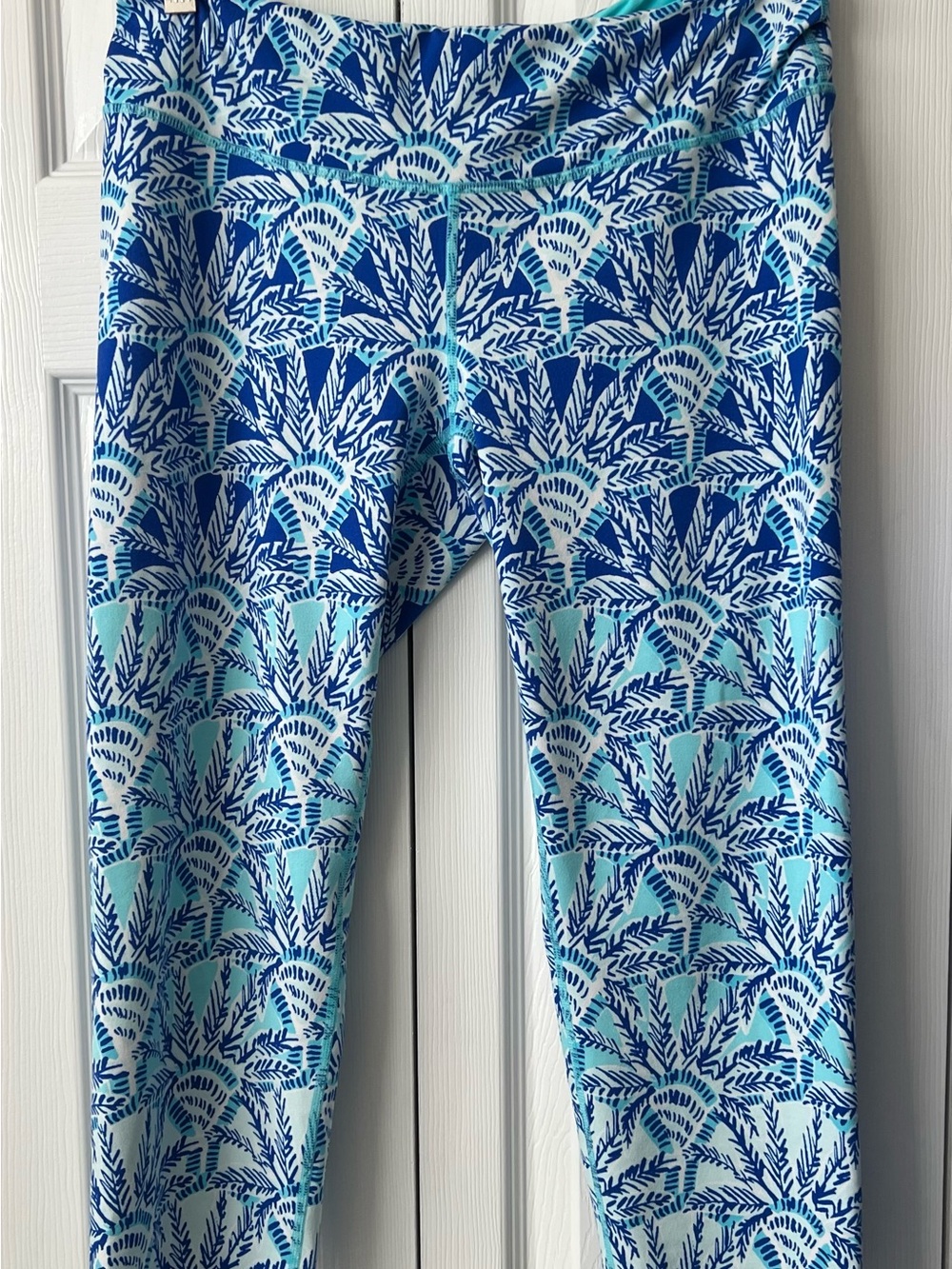 Lilly Pulitzer Blue & Teal Luxletic Tropical Leaf Stretch Capri Pants size L - Picture 3 of 9